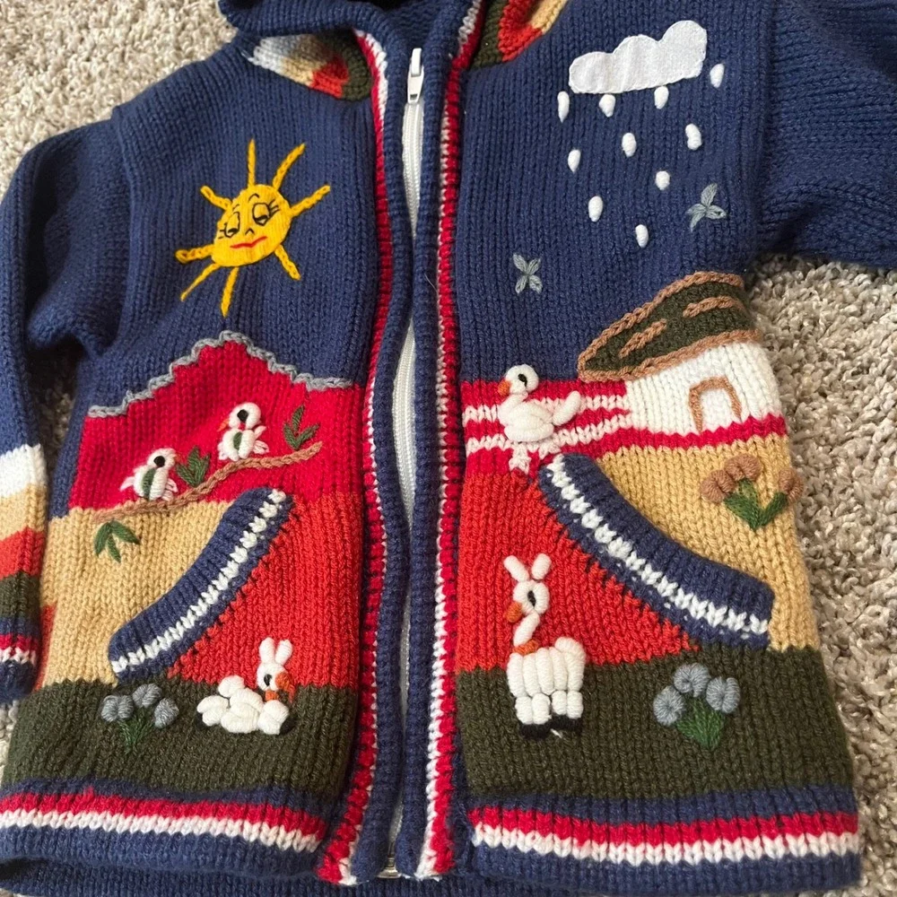 Kids Hand Knit Sweater Zip  Hooded Peruvian Inspired Alpaca Duck Sun Rain Size 4